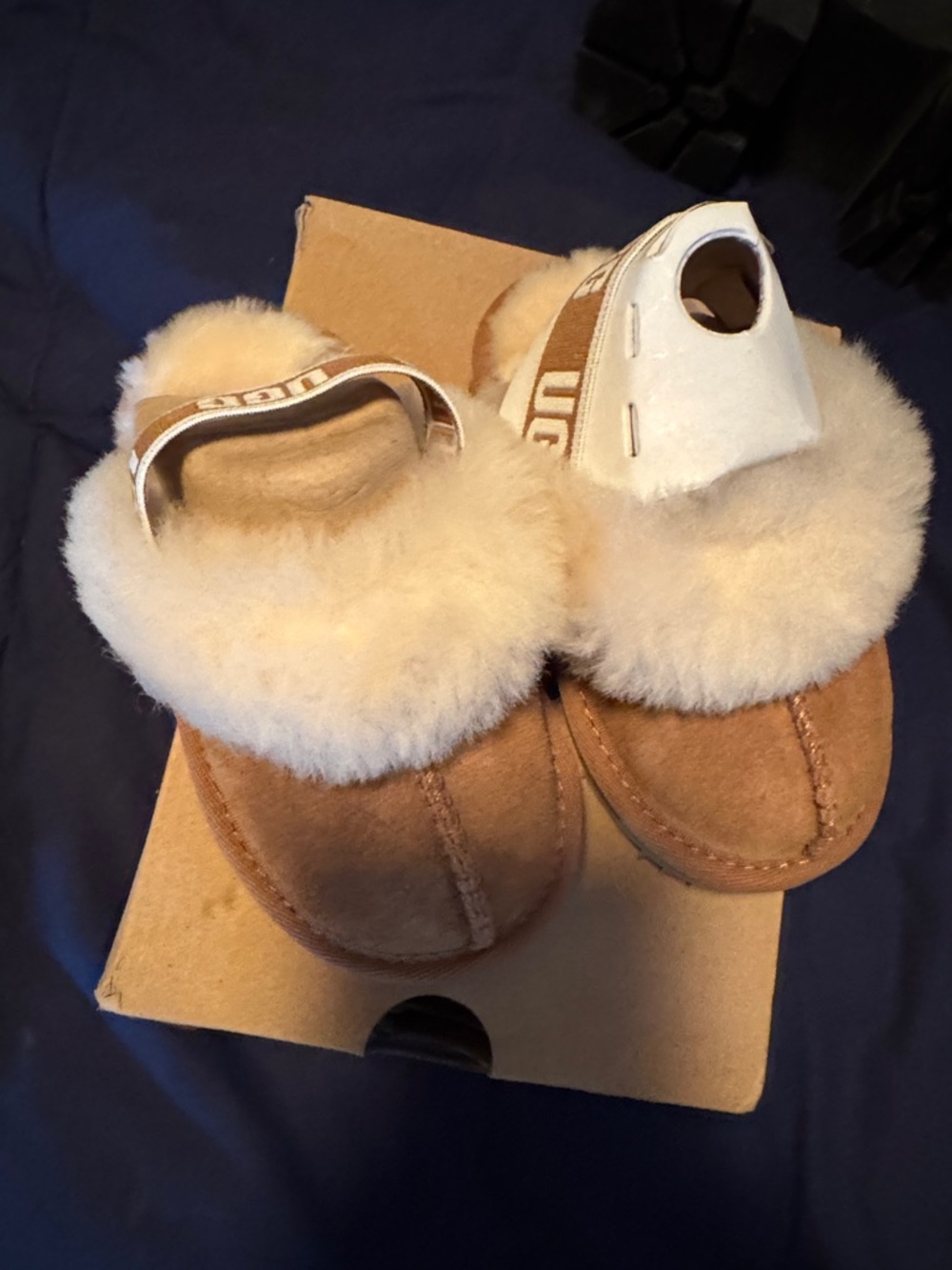 UGG Chestnut Suede Shearling Slide with Branded Strap - Picture 2 of 5